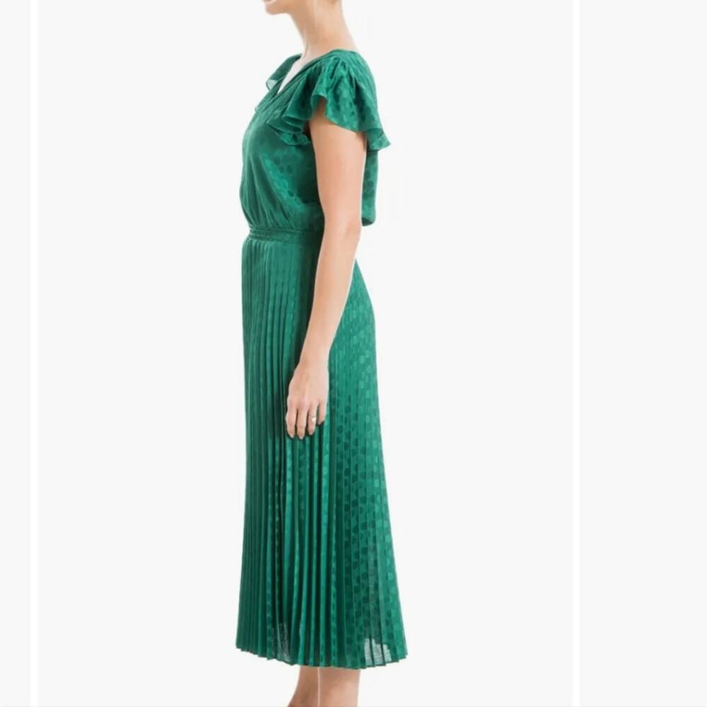 Max Studio Jade Green Pleated Satin Polka Dot Midi Dress NWT Flutter Sleeve Sm - Picture 3 of 12